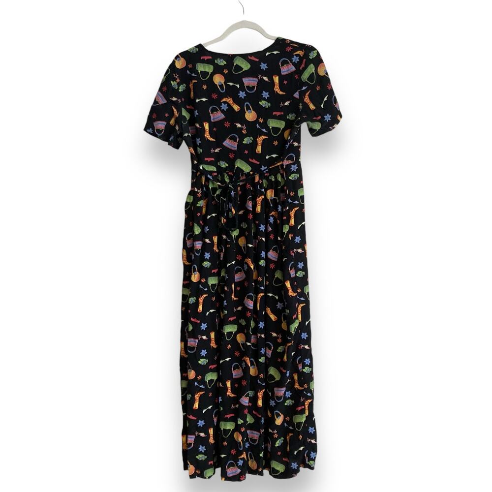 Vintage Y2K Coldwater Creek Black A-Line Dress Whimsical Print Sz Small Rayon - Picture 3 of 16